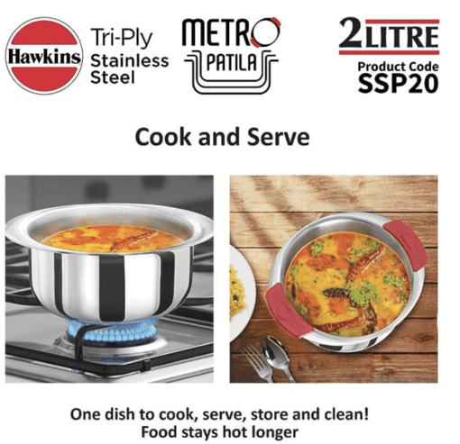 Hawkins 2 Litre Metro Patila, Triply Stainless Steel Tope, Induction Bhagona, Tapeli, Silver (SSP20) - Image 2